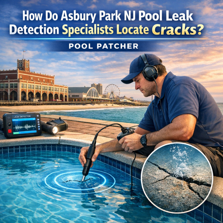 Pool leak detection specialists in Asbury Park NJ inspecting a swimming pool with advanced equipment.