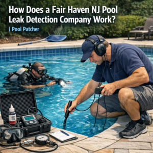 Technician using electronic equipment to detect leaks in a Fair Haven NJ swimming pool.