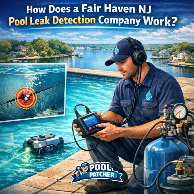 Technician using advanced equipment to detect a pool leak in Fair Haven, NJ.