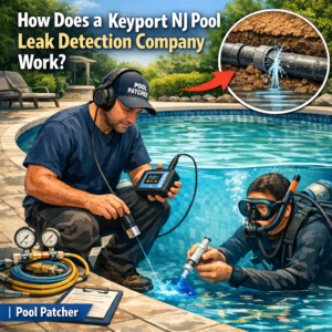 Technicians inspecting and repairing a backyard pool for leaks in Keyport, NJ.