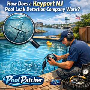 Technician using advanced equipment to detect water leaks in a residential pool in Keyport, NJ.