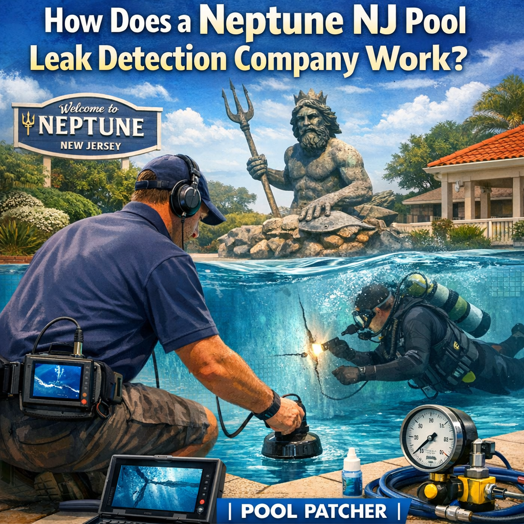 Technician using underwater leak detection equipment in a pool in Neptune, NJ.