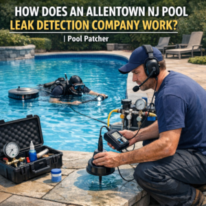 Technician using advanced equipment to detect pool leaks in Allentown, NJ backyard pool.