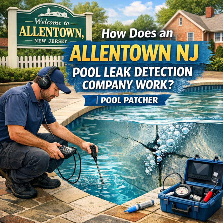 Technician using specialized equipment to detect a pool leak in Allentown, NJ backyard pool.