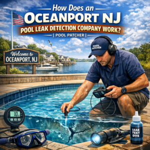 Technician using advanced leak detection equipment on a backyard pool in Oceanport, NJ.