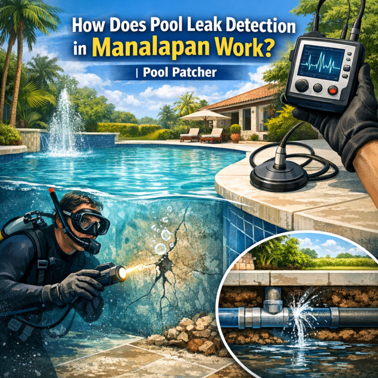 Technician in wetsuit performing underwater pool leak detection and repair in a residential pool in Manalapan.