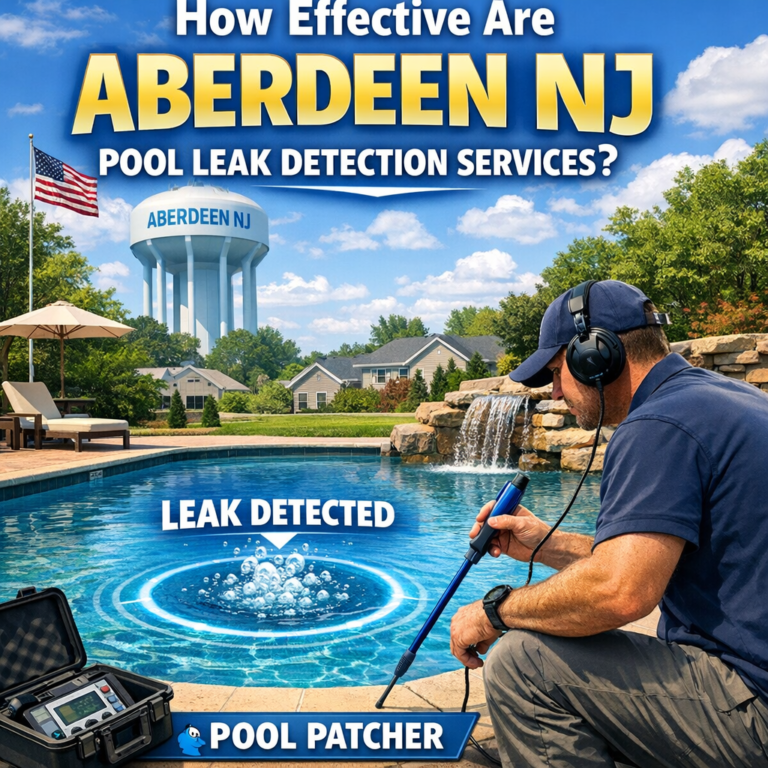 Technician using advanced equipment to detect and repair leaks in an outdoor swimming pool in Aberdeen, NJ.