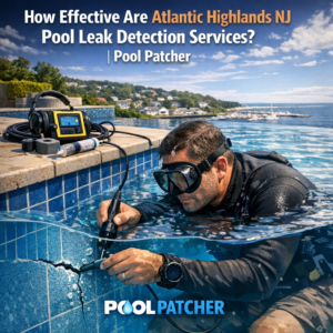 Technician using electronic equipment to detect a pool leak in an outdoor residential pool in Atlantic Highlands, NJ.