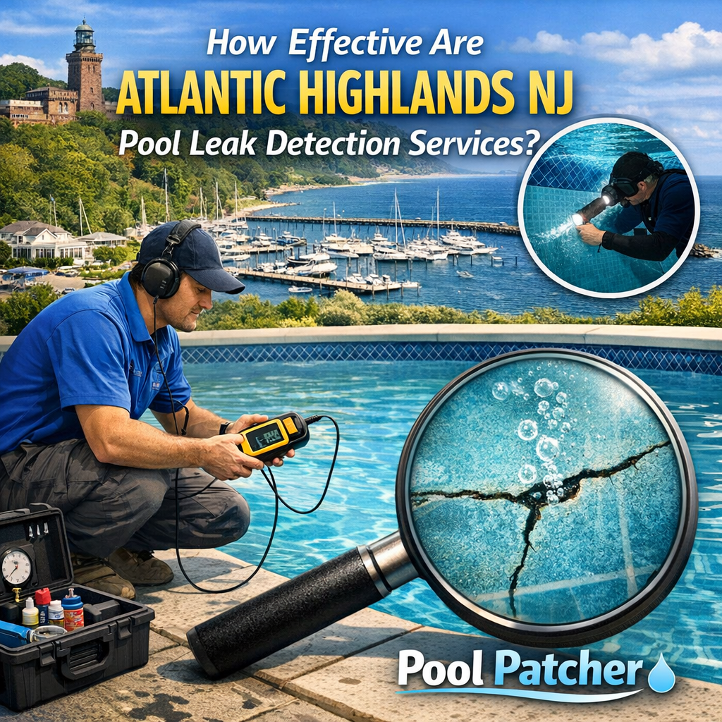 Technician inspecting a pool for leaks with specialized equipment in Atlantic Highlands, NJ.
