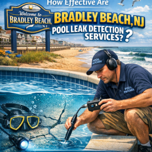 Technician using electronic equipment to detect pool leaks in a Baldwin Beach, NJ backyard pool area.