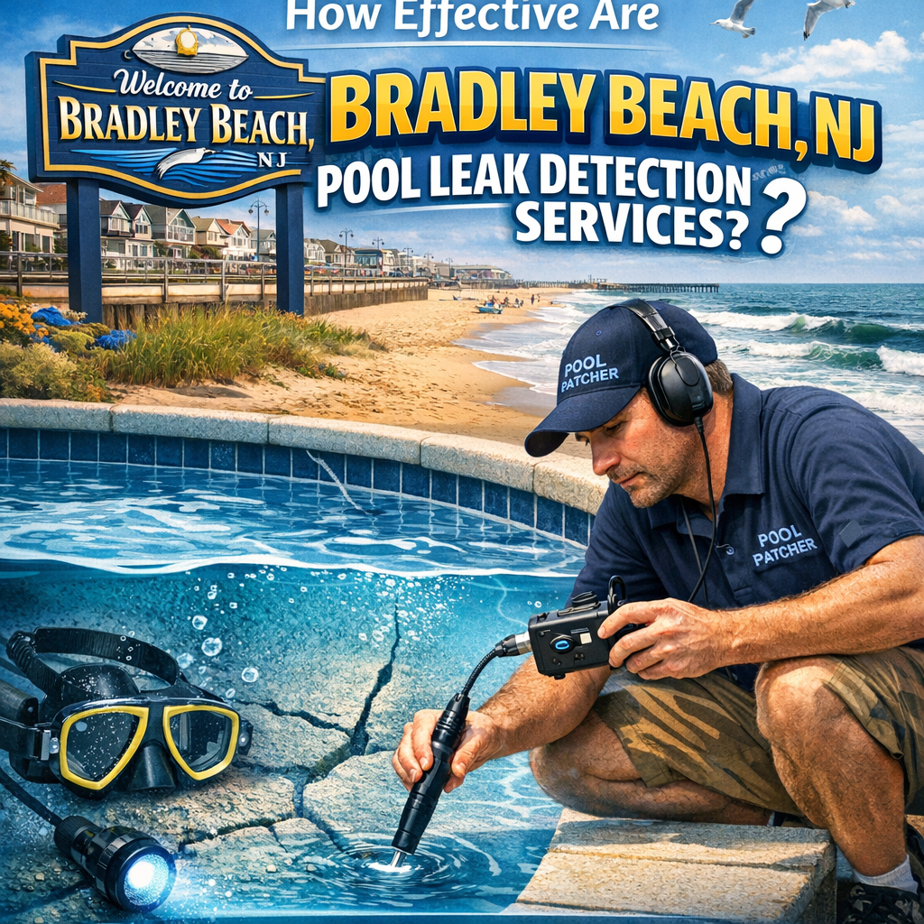 Technician using electronic equipment to detect pool leaks in a Baldwin Beach, NJ backyard pool area.