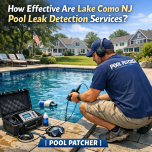 Technician using electronic equipment to detect a pool leak in a backyard pool in Lake Como, NJ.