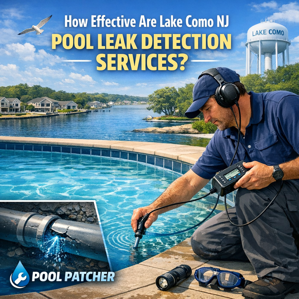 Technician using electronic equipment to detect leaks in a residential pool in Lake Como, NJ.