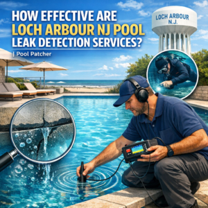Technician using leak detection equipment near a residential pool in Loch Arbour, NJ.