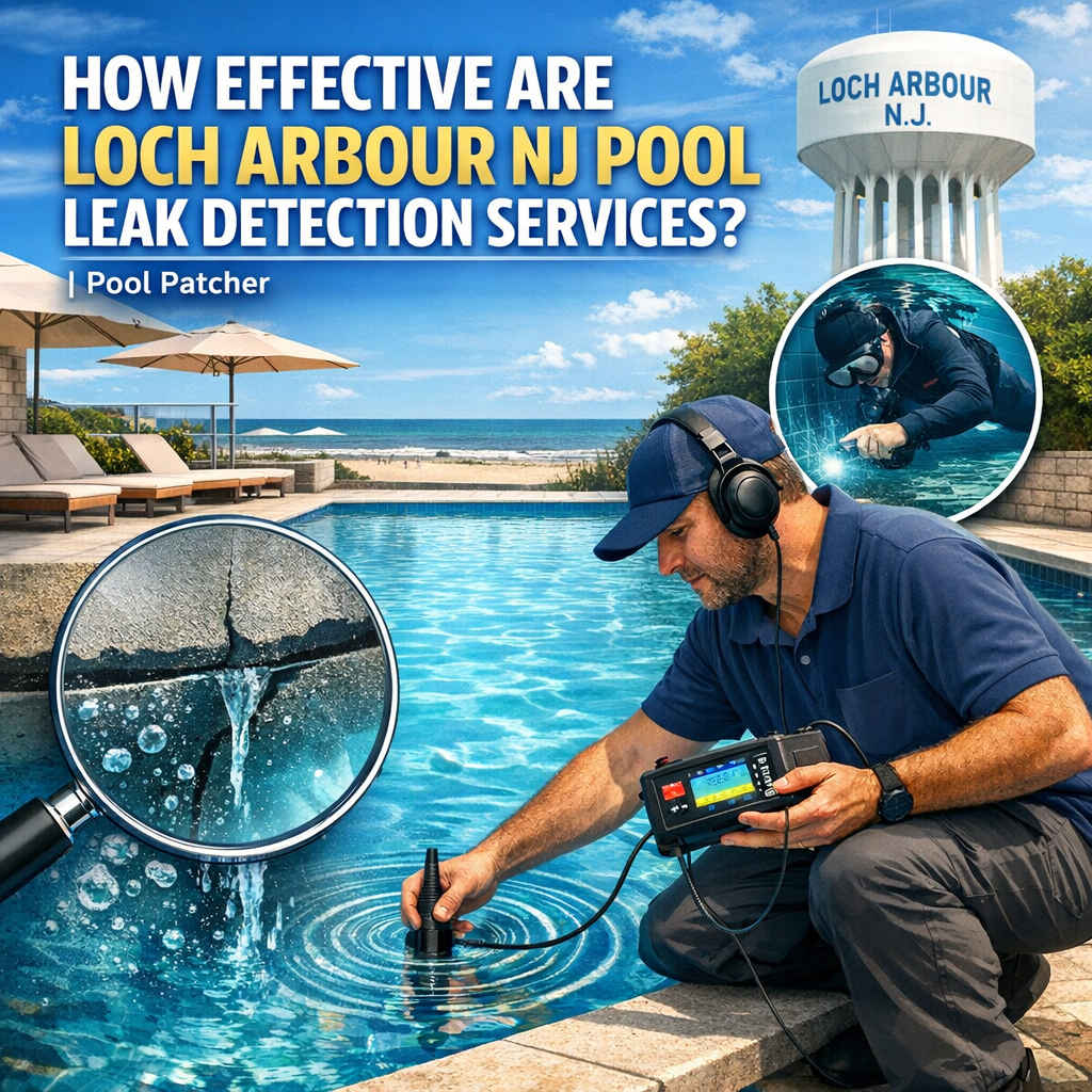 Technician using leak detection equipment near a residential pool in Loch Arbour, NJ.