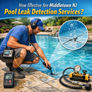 Technician using advanced equipment to detect a pool leak in a residential backyard pool in Middletown NJ.