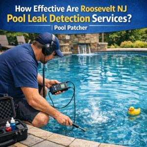Technician using electronic leak detection equipment near a residential pool in Roosevelt, NJ.