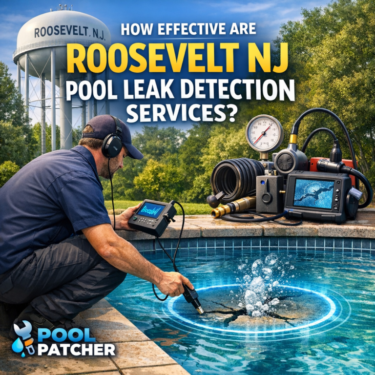 Technician using advanced equipment to detect pool leaks at a residential pool in Roosevelt, NJ.