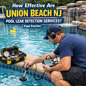 Technician in Union Beach NJ using equipment for pool leak detection service at a residential pool.