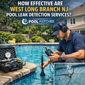 Technician using leak detection equipment at a residential pool in West Long Branch, NJ.