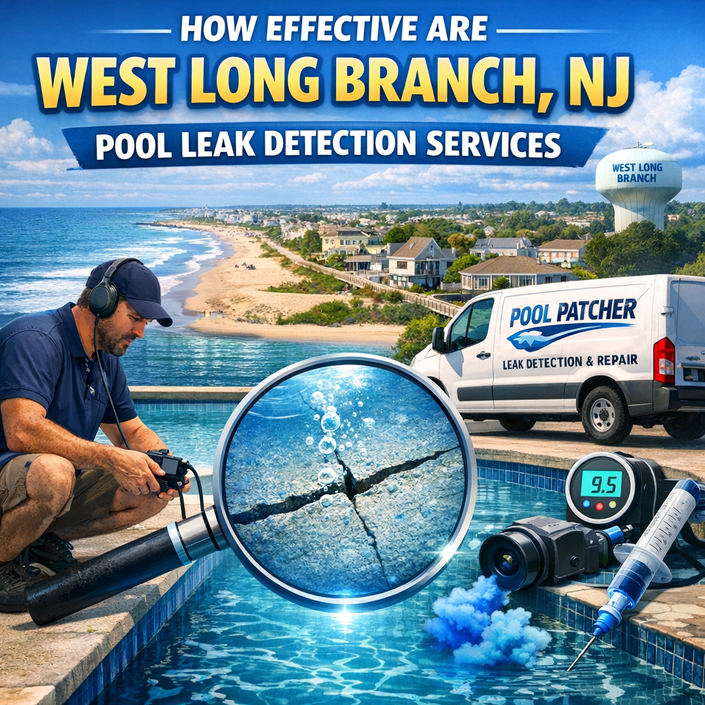 A technician using equipment to detect and repair a pool leak in West Long Branch, NJ.