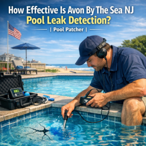 Technician using advanced equipment to detect pool leaks in a residential backyard pool in Avon By The Sea, NJ.