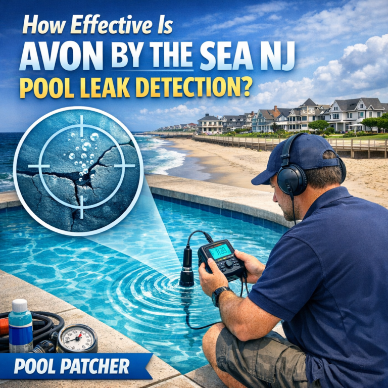 Technician detects pool leak in Avon by the Sea, NJ backyard pool using specialized equipment.