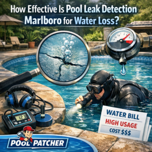 A leaking pool with water dripping, illustrating the need for pool leak detection to prevent water loss and high bills.