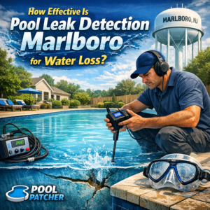 Technician inspecting a pool for leaks in Marlboro to prevent water loss with detection equipment.