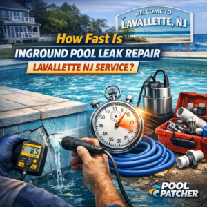 Technician repairing an inground pool leak with equipment, ensuring fast and professional service in Lavallette, NJ.