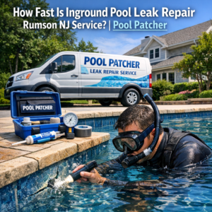Technician repairing an inground pool leak, working with tools near pool plumbing in Rumson, NJ.