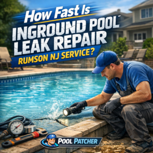 Technician repairing a leak in an inground pool with professional tools for fast service in Rumson, NJ.