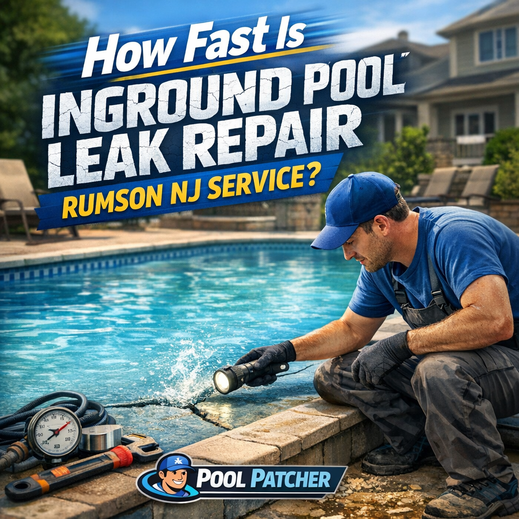 Technician repairing a leak in an inground pool with professional tools for fast service in Rumson, NJ.