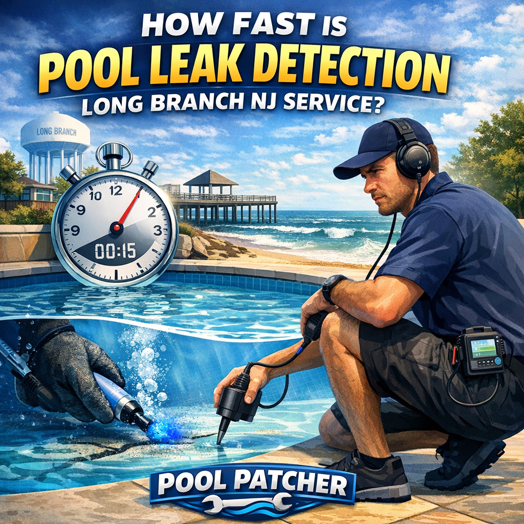 Technician using electronic equipment to detect a pool leak near a Long Branch, NJ residential pool.