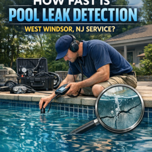Technician using electronic equipment to detect a pool leak with water and poolside tiles in West Windsor, NJ.