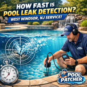 Technician using specialized equipment to detect a pool leak in a residential backyard in West Windsor, NJ.