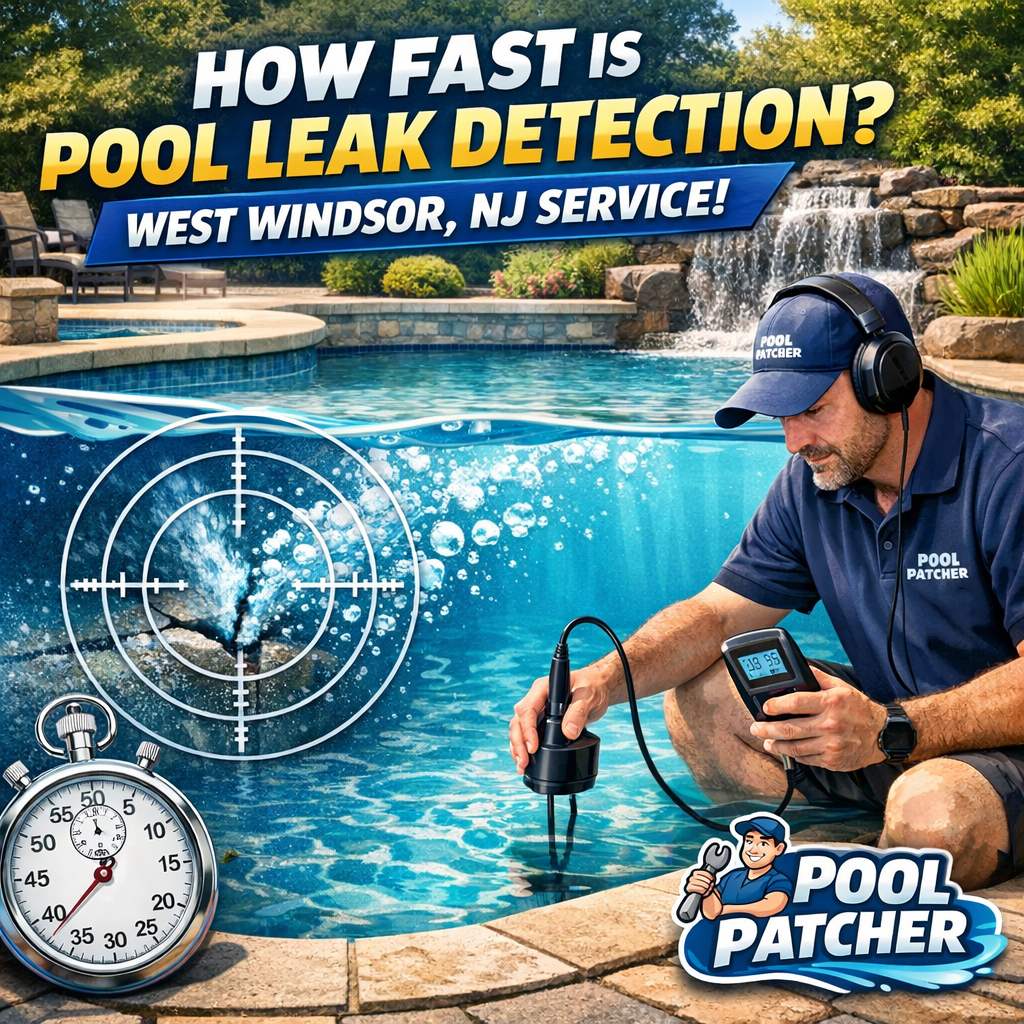 Technician using specialized equipment to detect a pool leak in a residential backyard in West Windsor, NJ.