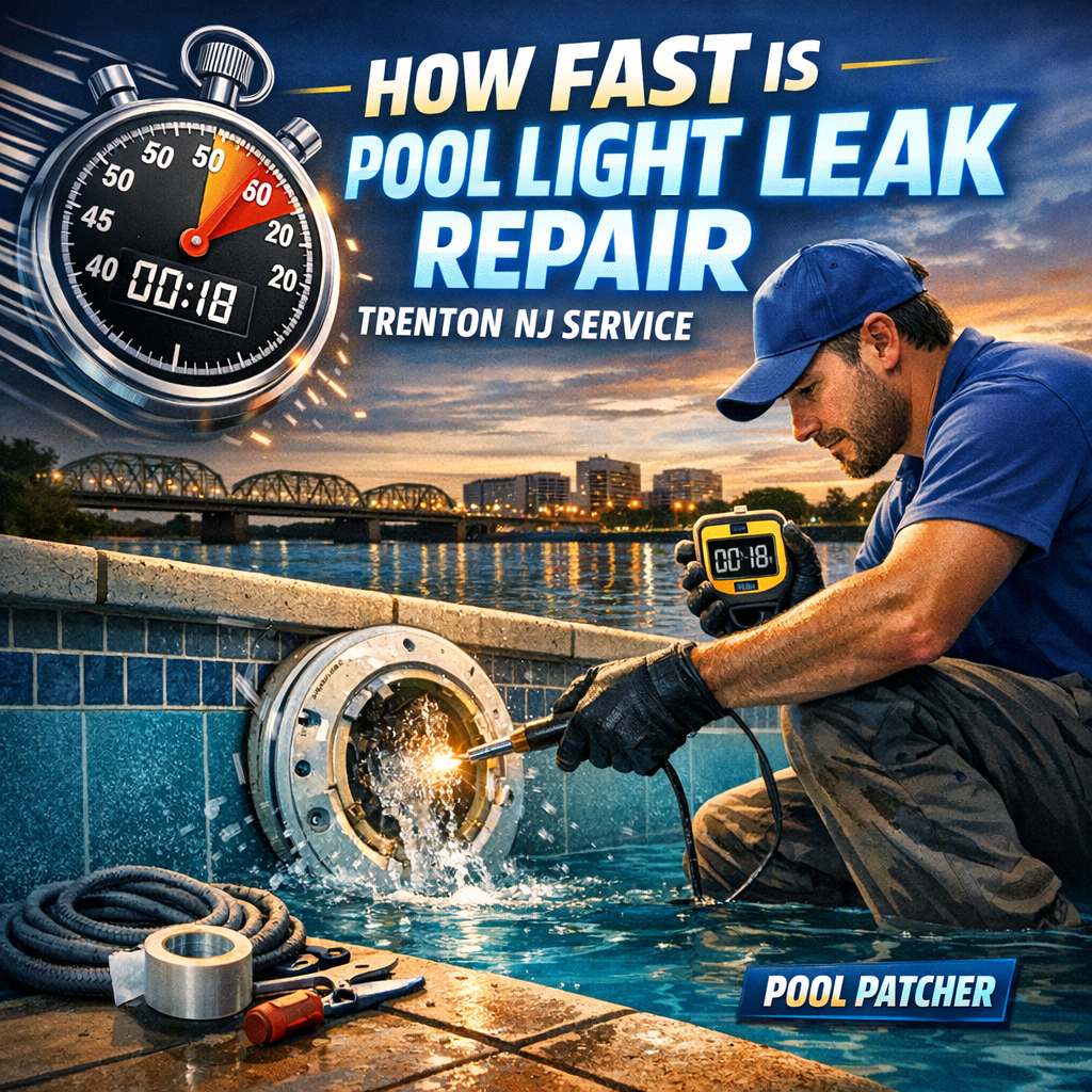 Technician repairing a pool light leak in a residential pool with professional tools in Trenton, NJ.
