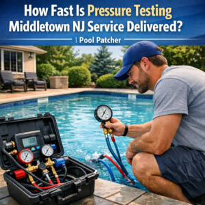 Technician performing pressure testing on a pool system in Middletown, NJ using gauges and tools.