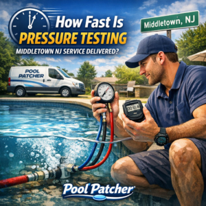 Technician performing pressure testing on a pool pipe with equipment in Middletown, NJ.