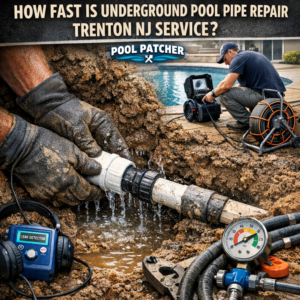 Technician repairing underground pool pipe with leak detection equipment in Trenton, NJ.