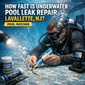 Technician repairing an underwater pool leak with professional patching in Lavallette, NJ.
