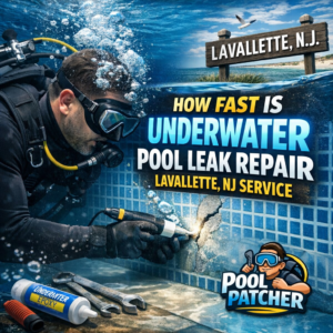 Technician performing underwater pool leak repair in a residential pool in Lavallette, NJ.