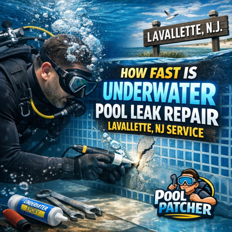 Technician performing underwater pool leak repair in a residential pool in Lavallette, NJ.