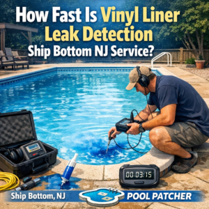 Technician performing vinyl liner leak detection at a residential pool in Ship Bottom, NJ.