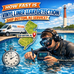 Technician performing fast underwater vinyl liner leak detection in a residential pool in Ship Bottom, NJ.
