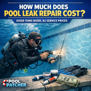 Technician inspecting a pool for leaks, highlighting professional pool leak repair services in Toms River, NJ.