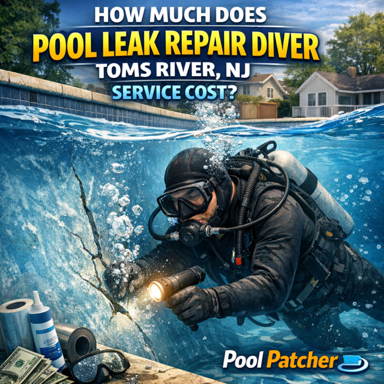 Diver inspecting an underwater pool leak for repair service in Toms River, NJ.