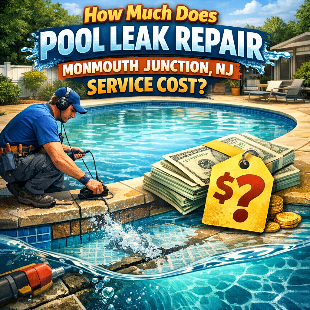 Technician inspecting a pool for leak repair service in Monmouth Junction, NJ.