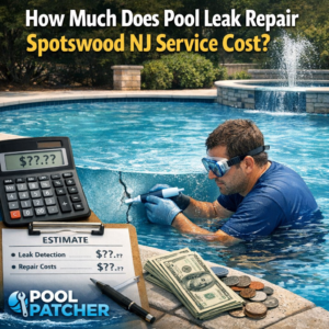 Technician inspecting an above-ground pool leak for repair cost estimate in Spotswood NJ.